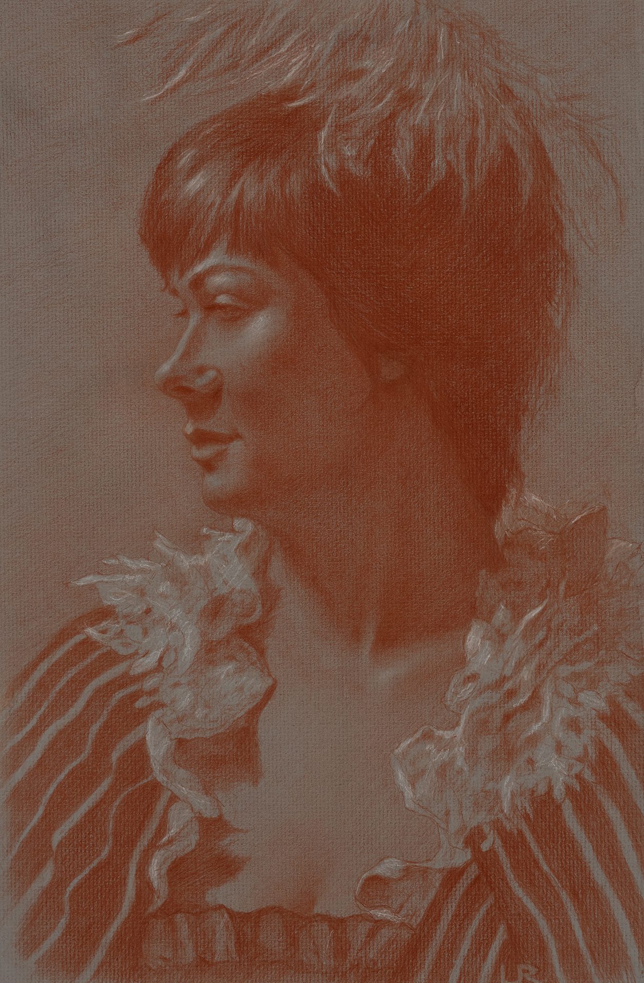 Portrait of a Girl in Red Pencil and White Chalk on Prepared paper