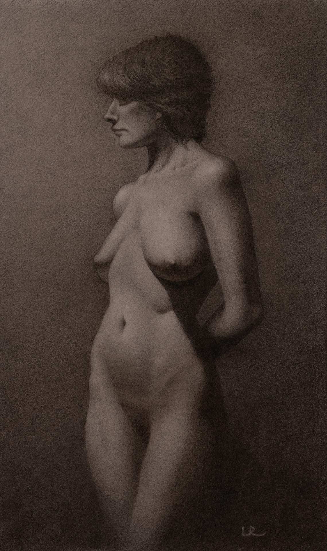 Standing Female Nude in Charcoal & White Chalk on Toned Paper