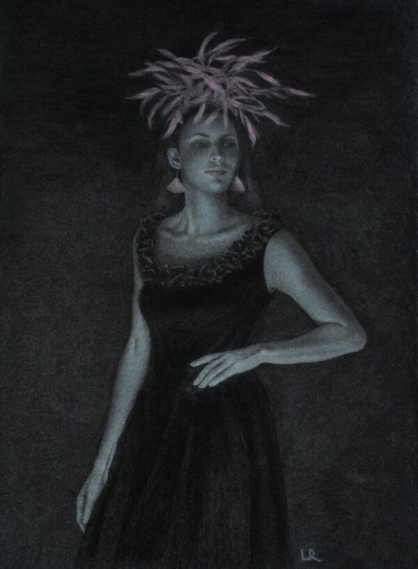 Charcoal Drawing of Girl with Pink Feather Headress 18 x 24