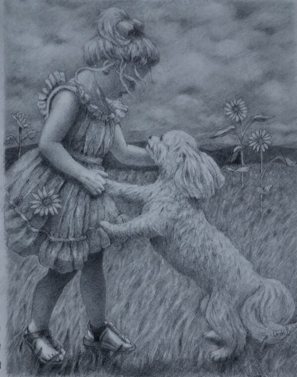 Graphite Illustration Young Girl with Dog