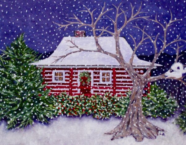 Christmas Card Design Log Cabin in Snow 9x12 Oil painting