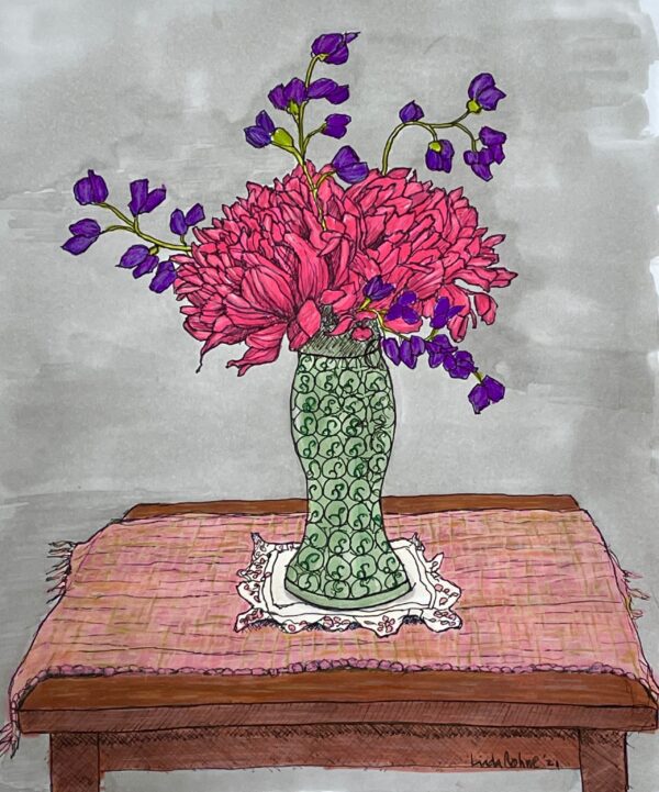 Still Life Peonies pen and Marker 8 x 10