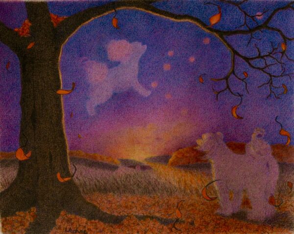 Dog in Autumn Scene Drawing Colored Pencil 8 x 10