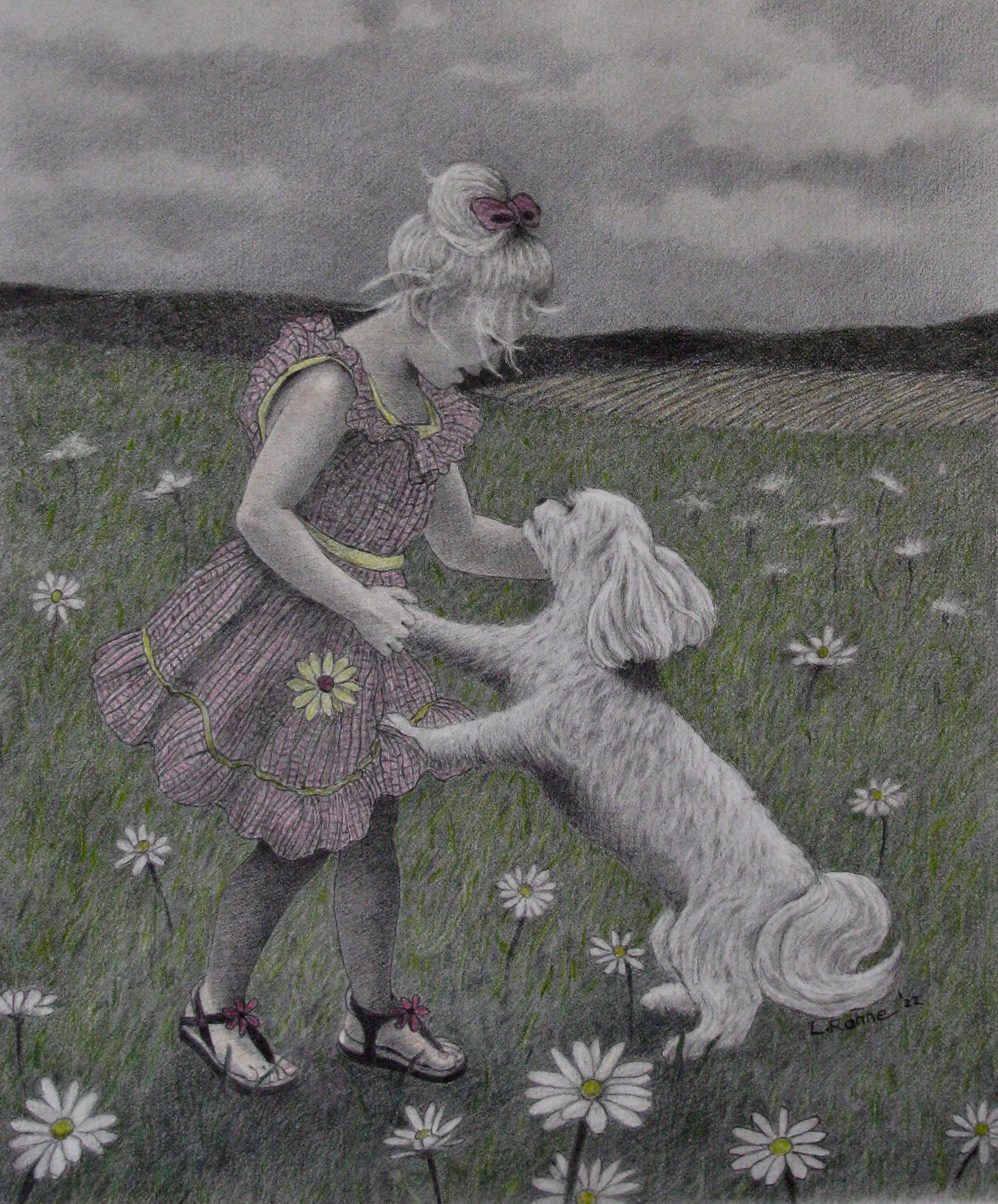 Graphite Colored Pencil Drawing Girl and Dog