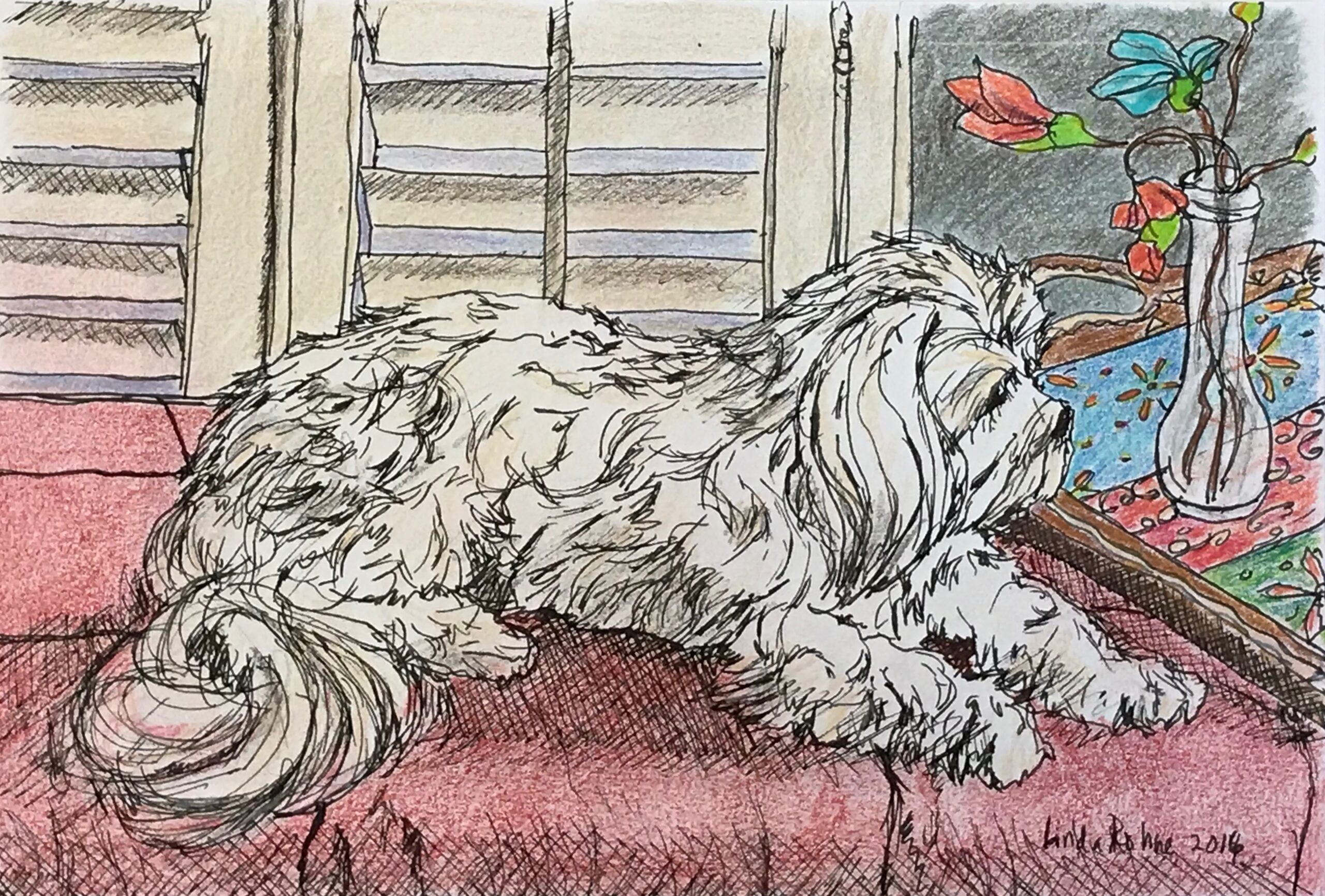 Shih Tzu on Ottoman Drawing, Pen and Marker, 8 x 10