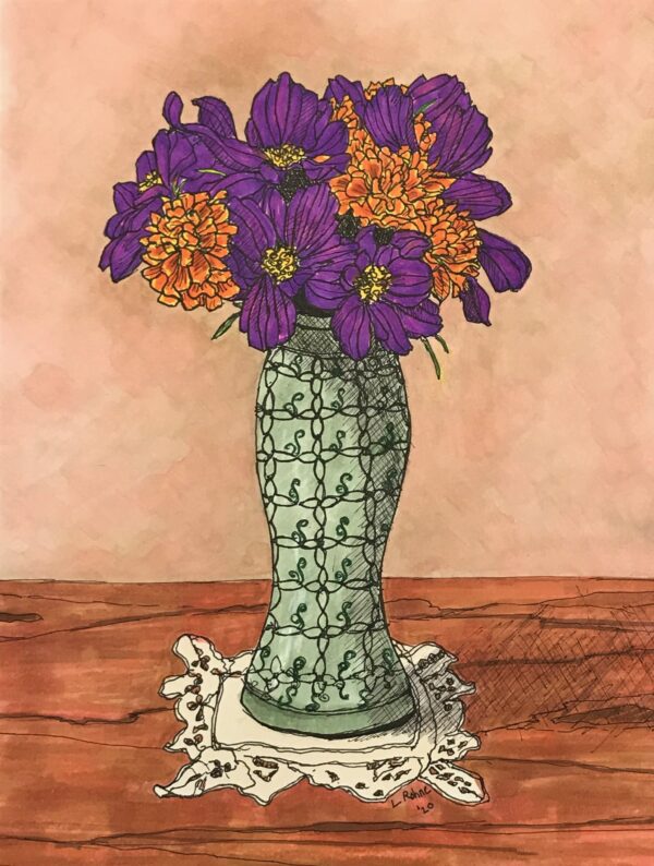 Still Life Cosmos & Marigolds 8 x 10 Pen and Marker Drawing