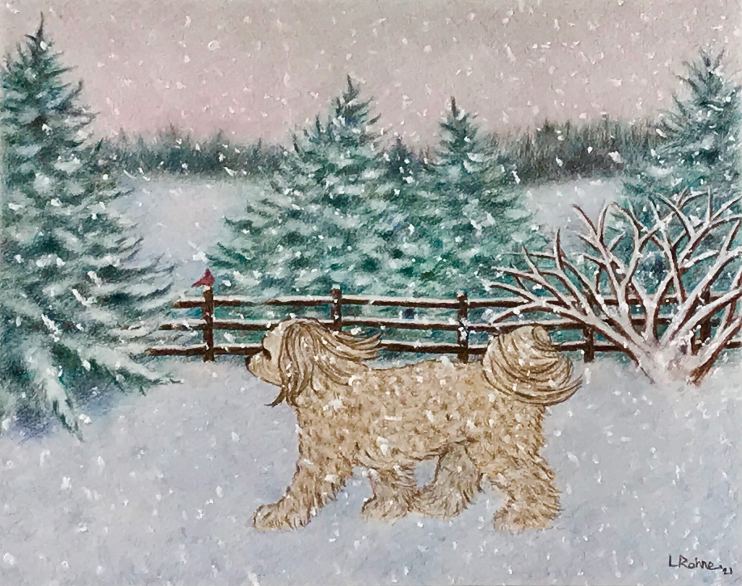 Dog in Winter Scene Colored Pencil 8 x 10