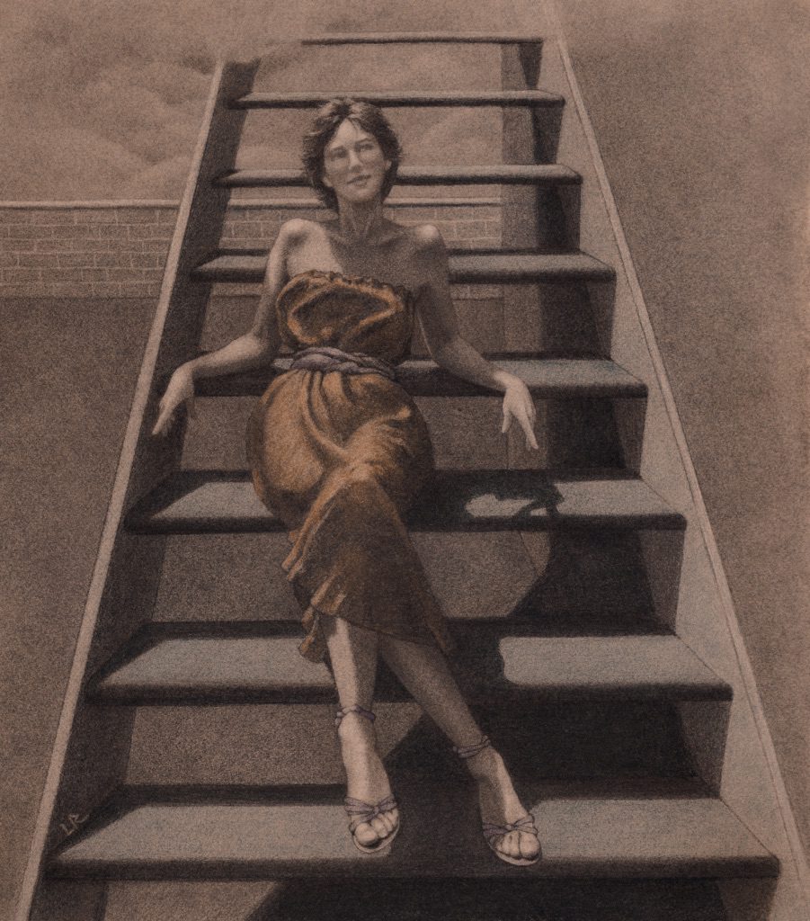 Drawing of Woman on Fire Escape Charcoal 18 x 22