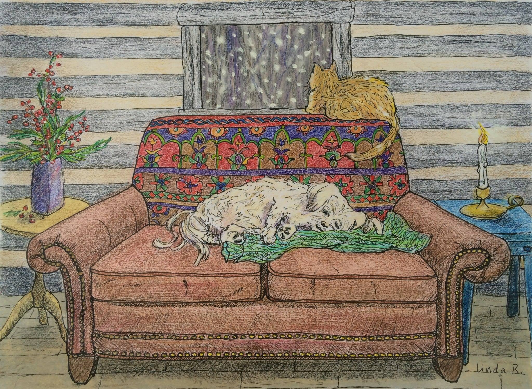 Pen and Marker Sketch Dog Cat on couch